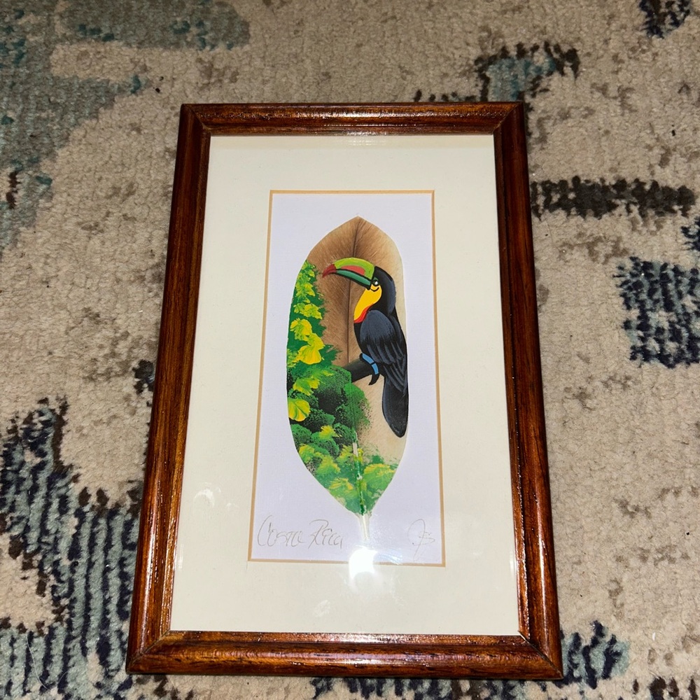 Vintage Painting Parrot on a Feather Costa Rica Jose Garro Framed Art Signed
